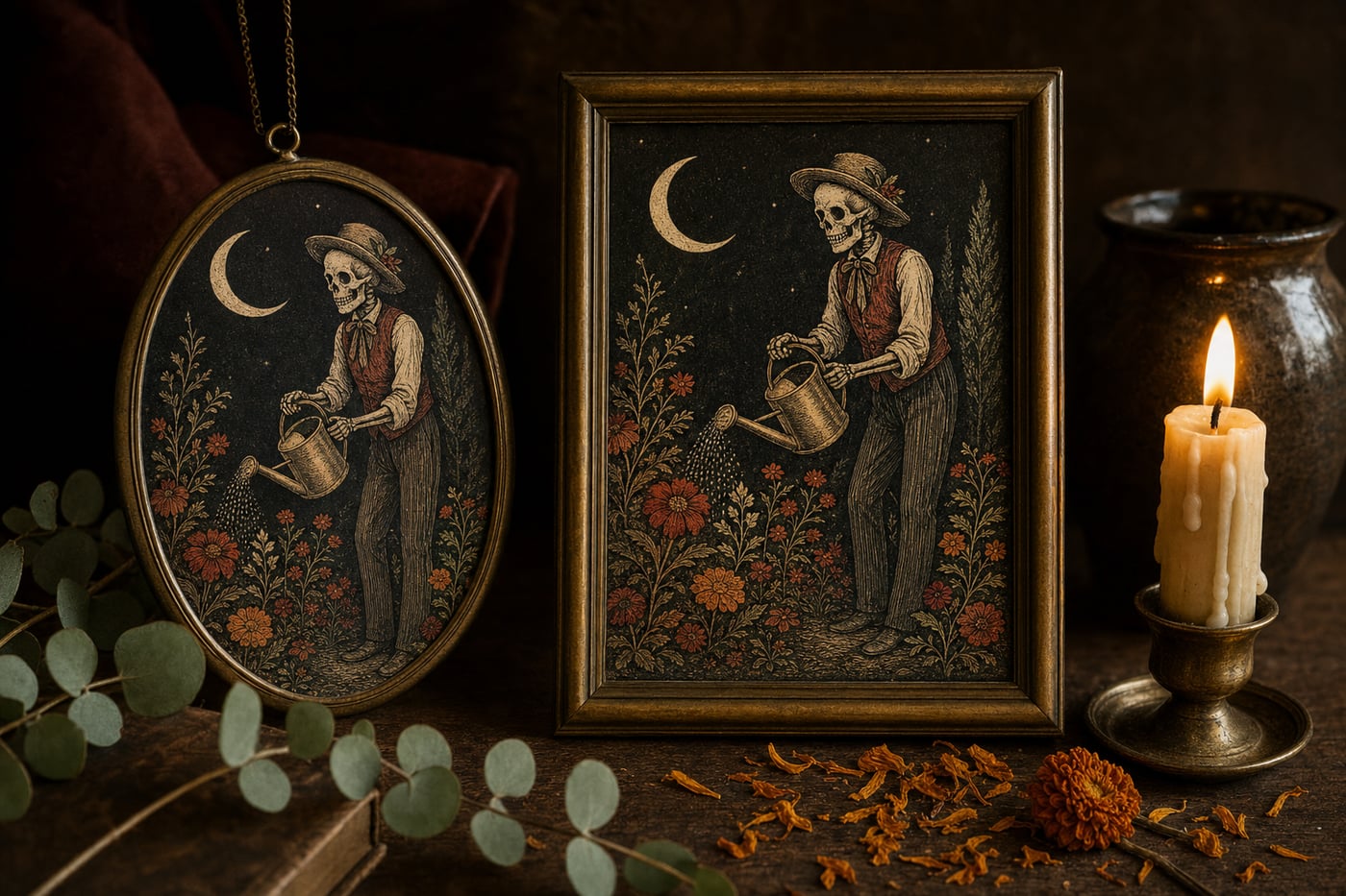 The Midnight Gardener as a hanging ornament and a small print, styled with a candle and greenery
