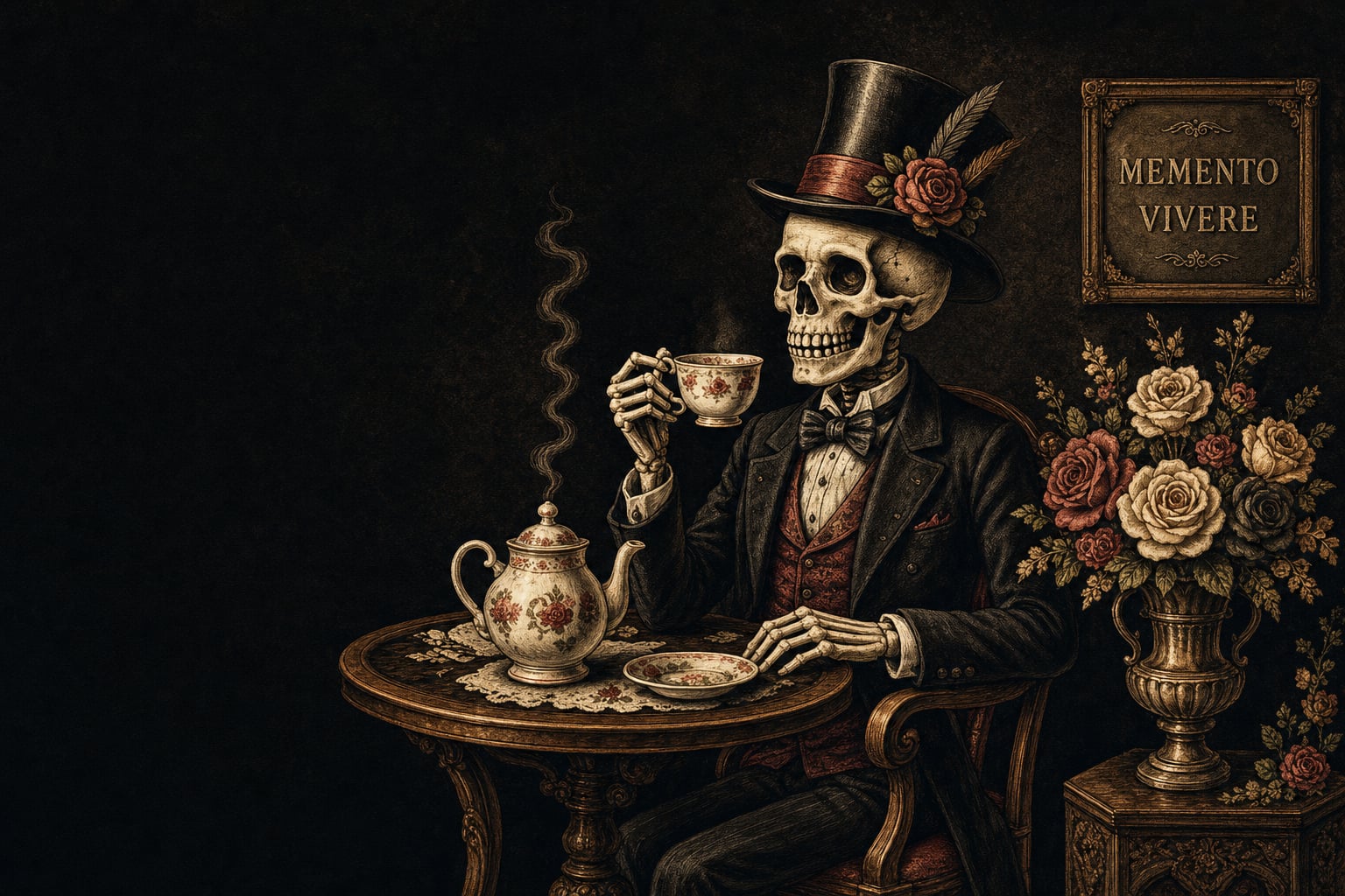 A skeleton in a top hat and evening dress takes tea at a small round table beside a vase of roses, under a plaque reading Memento Vivere.