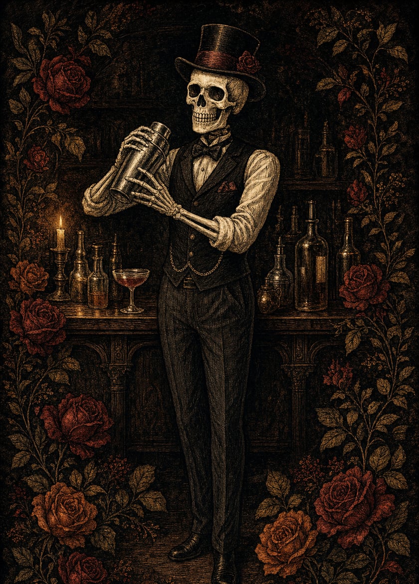 The Cocktailer: a skeleton bartender in a top hat shaking a drink