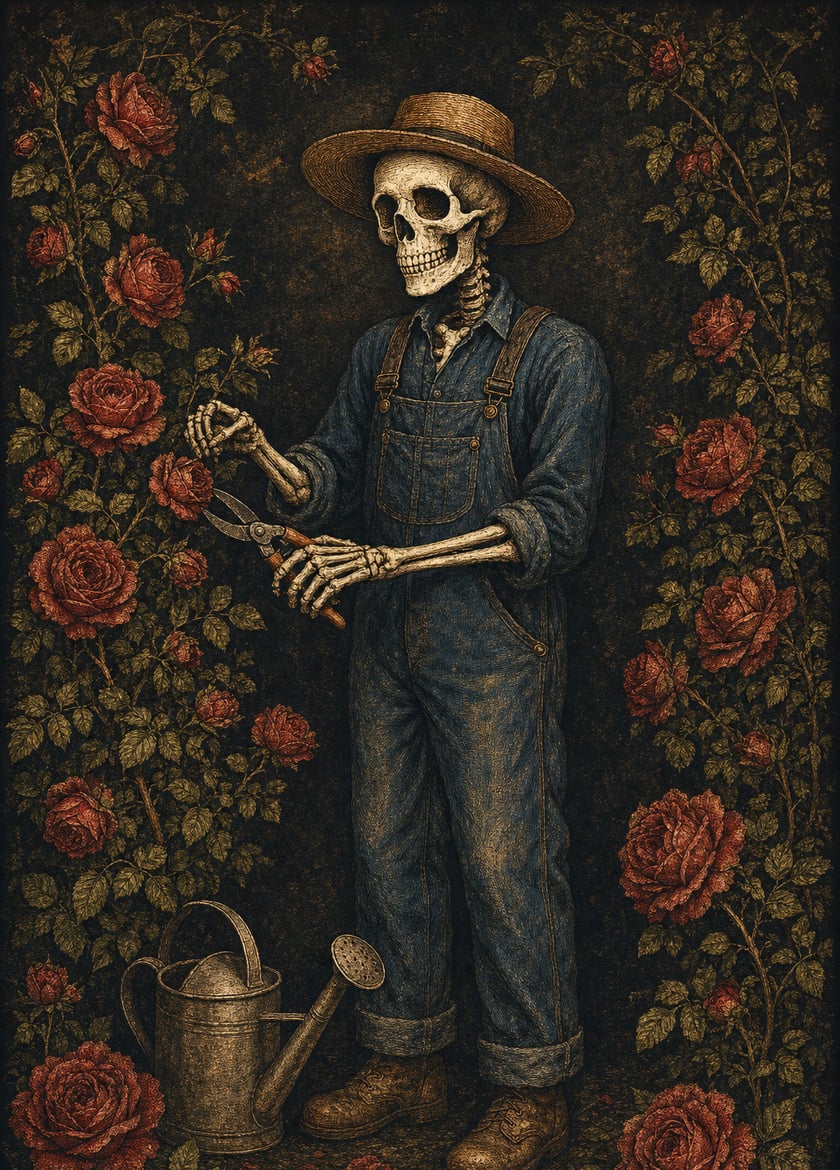 The Gardener: a skeleton in a straw hat and overalls tending roses